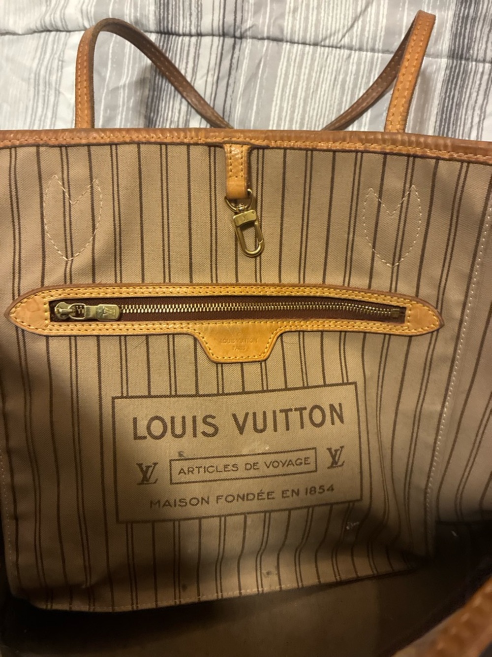 Louis Vuitton Tan and Brown Striped Canvas Tote Interior
